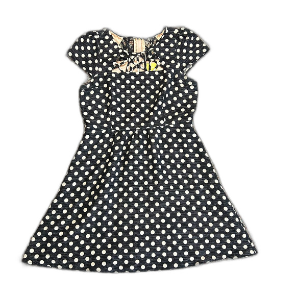 Anthropologie Maeve Nikola Black Cream Dot Print Lattice Neck SS Dress Size 12 - Picture 3 of 16